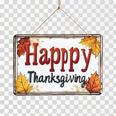 A hanging sign that reads "Happy Thanksgiving" on a white background