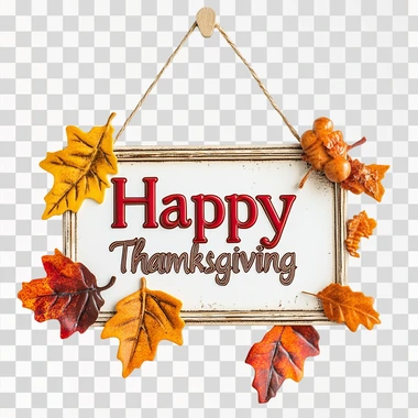 A hanging sign that reads "Happy Thanksgiving" on a white background