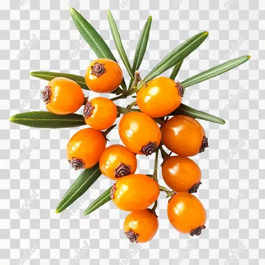 A compact studio photograph of 3 to 4 bright orange sea buckthorn berries tightly grouped with additional smaller berries and green leaves, on a white background, with extreme detail, no shadows, shot with a Canon EOS-1D X Mark III, 50mm f/1.4 lens, rich natural colors