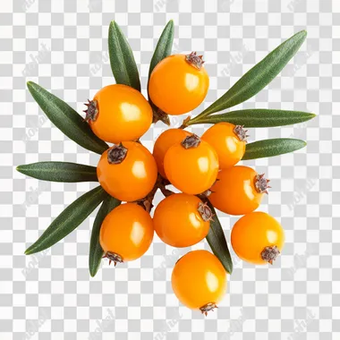 A compact studio photograph of 3 to 4 bright orange sea buckthorn berries tightly grouped with additional smaller berries and green leaves, on a white background, with extreme detail, no shadows, shot with a Canon EOS-1D X Mark III, 50mm f/1.4 lens, rich natural colors