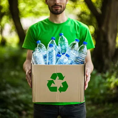 A realistic image depicting a person holding a box filled with plastic water bottles, demonstrating recycling efforts. The individual is wearing a bright green shirt with a recycling symbol. The background is a natural outdoor setting with trees and greenery, emphasizing environmental awareness. The color scheme should feature green tones, white for the box, and blue shades from the water bottles.