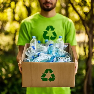 A realistic image depicting a person holding a box filled with plastic water bottles, demonstrating recycling efforts. The individual is wearing a bright green shirt with a recycling symbol. The background is a natural outdoor setting with trees and greenery, emphasizing environmental awareness. The color scheme should feature green tones, white for the box, and blue shades from the water bottles.