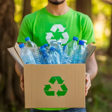 A realistic image depicting a person holding a box filled with plastic water bottles, demonstrating recycling efforts. The individual is wearing a bright green shirt with a recycling symbol. The background is a natural outdoor setting with trees and greenery, emphasizing environmental awareness. The color scheme should feature green tones, white for the box, and blue shades from the water bottles.
