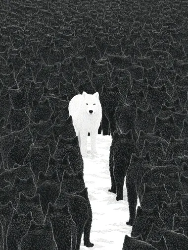 A massive black silhouette of a pack of wolves, with a single white wolf standing out in the middle. Viewed from an overhead perspective, thousands of majestic, sharp-outlined wolves fill a vast snowy field. The fur texture is detailed and expressive, creating a striking visual contrast. Art print,