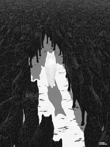 A massive black silhouette of a pack of wolves, with a single white wolf standing out in the middle. Viewed from an overhead perspective, thousands of majestic, sharp-outlined wolves fill a vast snowy field. The fur texture is detailed and expressive, creating a striking visual contrast. Art print,