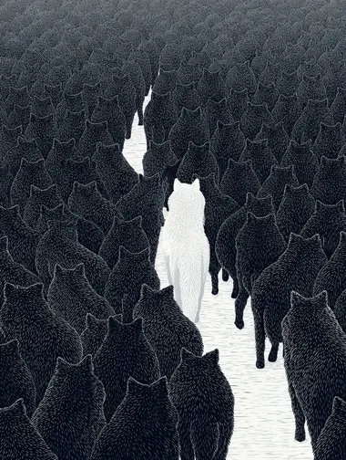 A massive black silhouette of a pack of wolves, with a single white wolf standing out in the middle. Viewed from an overhead perspective, thousands of majestic, sharp-outlined wolves fill a vast snowy field. The fur texture is detailed and expressive, creating a striking visual contrast. Art print,