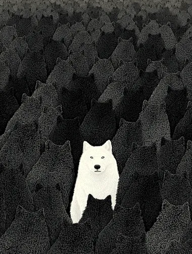 A massive black silhouette of a pack of wolves, with a single white wolf standing out in the middle. Viewed from an overhead perspective, thousands of majestic, sharp-outlined wolves fill a vast snowy field. The fur texture is detailed and expressive, creating a striking visual contrast. Art print,