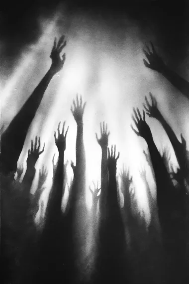 A black-and-white screenprint depicting numerous long arms reaching out from the shadows, silhouetted by light rays.