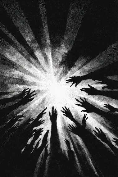 A black-and-white screenprint depicting numerous long arms reaching out from the shadows, silhouetted by light rays.
