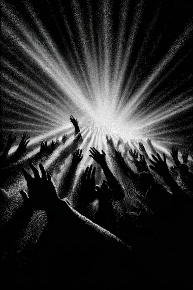 A black-and-white screenprint depicting numerous long arms reaching out from the shadows, silhouetted by light rays.