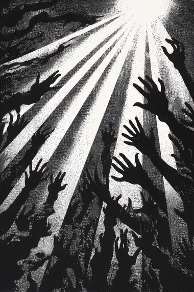 A black-and-white screenprint depicting numerous long arms reaching out from the shadows, silhouetted by light rays.