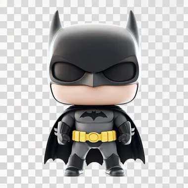 A simple 2.5D illustration of Batman in a Funko Pop style, facing forward, minimalistic design, on a completely white background, no shadows or extra elements, clean and centered composition.