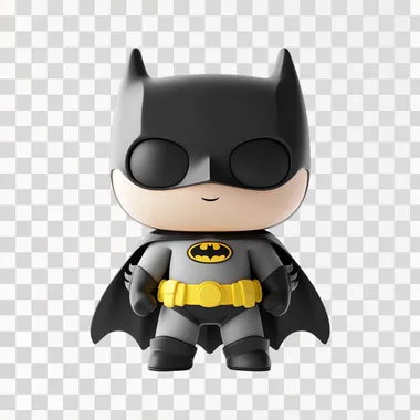 A simple 2.5D illustration of Batman in a Funko Pop style, facing forward, minimalistic design, on a completely white background, no shadows or extra elements, clean and centered composition.