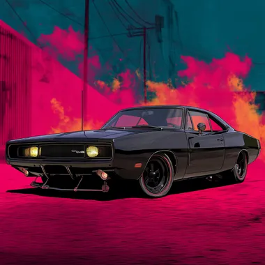 cartoonistic comic pop art all black 1970 Dodge Charger RT aggressive style