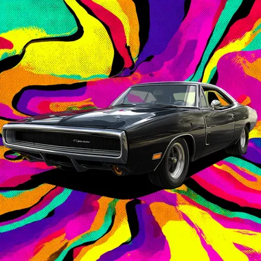 cartoonistic comic pop art all black 1970 Dodge Charger RT aggressive style