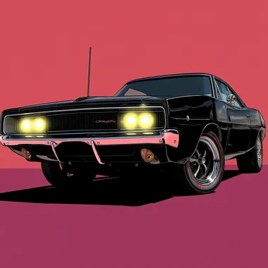 cartoonistic comic pop art all black 1970 Dodge Charger RT aggressive style