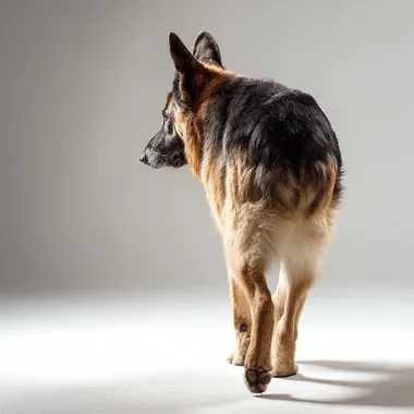 full-body photo of a majestic German Shepherd dog, walking away from the camera, shot at noon with bright even lighting, clean white background, softbox reflections, detailed fur texture, alert expression, sharp focus, DSLR-style, 85mm lens, ultra-realistic, studio lighting