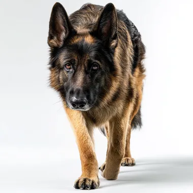 full-body photo of a majestic German Shepherd dog, walking away from the camera, shot at noon with bright even lighting, clean white background, softbox reflections, detailed fur texture, alert expression, sharp focus, DSLR-style, 85mm lens, ultra-realistic, studio lighting