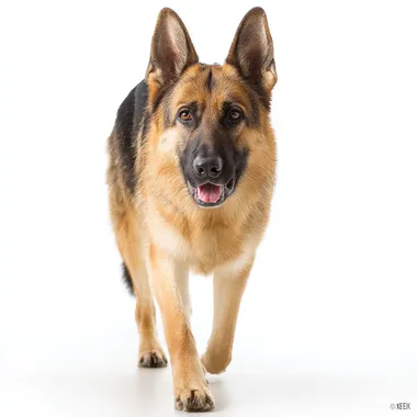 full-body photo of a majestic German Shepherd dog, walking away from the camera, shot at noon with bright even lighting, clean white background, softbox reflections, detailed fur texture, alert expression, sharp focus, DSLR-style, 85mm lens, ultra-realistic, studio lighting