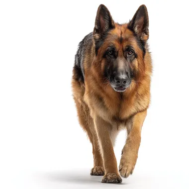 full-body photo of a majestic German Shepherd dog, walking away from the camera, shot at noon with bright even lighting, clean white background, softbox reflections, detailed fur texture, alert expression, sharp focus, DSLR-style, 85mm lens, ultra-realistic, studio lighting