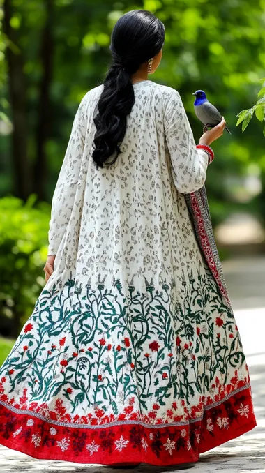 a porcandid eyelevel shot of a hijabi model walking in the streets of Lucknow wearing a contemporary styled modest abaaya and a hijab which is georgette fabrics with intricate details of authentic chikankari and toda embroidery design,intricate beautiful hemlines,assymetrical composition,35mm,berger pancro 400, full body shot,extreme tonal balance,bright light, she is standing in a lush tropical garden with a bird in her hand,magic realism cinematic photography