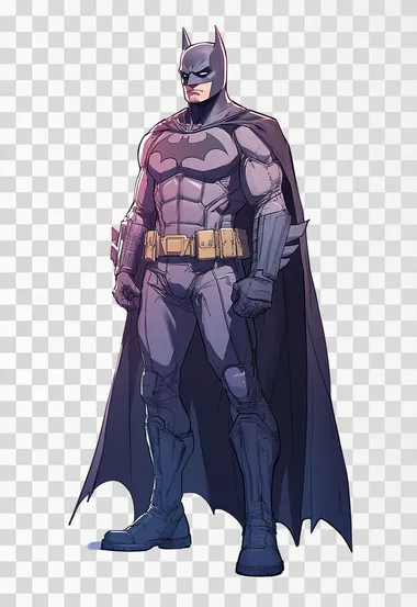 Full body shot of the Batman standing on a white background turned slightly, photo-realistic