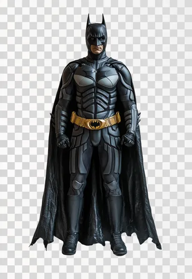 Full body shot of the Batman standing on a white background turned slightly, photo-realistic