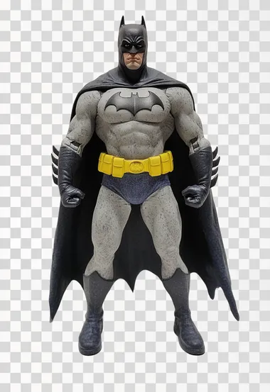 Full body shot of the Batman standing on a white background turned slightly, photo-realistic
