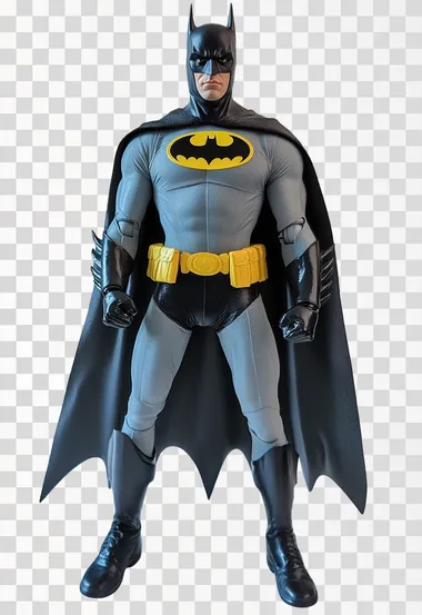 Full body shot of the Batman standing on a white background turned slightly, photo-realistic