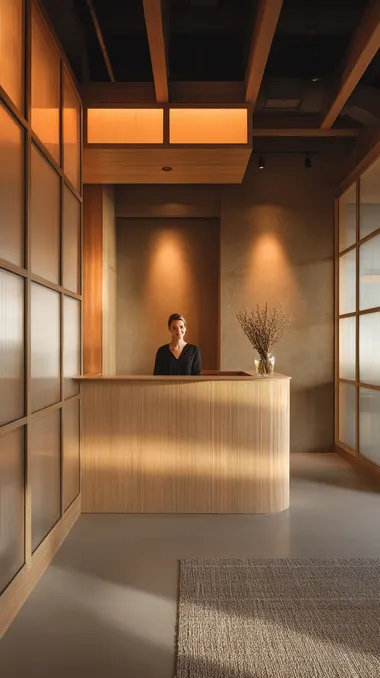 reception area designed to feel like a morning ritual, warm wood textures, gentle light through frosted glass, calming layout with low acoustics, minimal branding, comforting and familiar but fresh, muted colors, matte finishes one person standing at the reception counter, smiling softly, wearing neutral business attire camera: 28mm, aperture f2.8, soft shadows and golden undertones, warm ambient light, eye-level shot  --raw