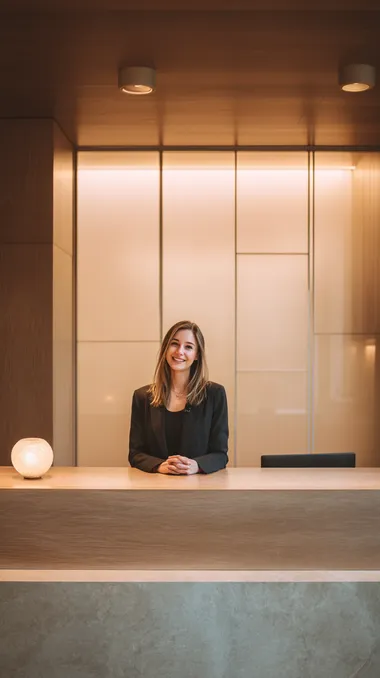 reception area designed to feel like a morning ritual, warm wood textures, gentle light through frosted glass, calming layout with low acoustics, minimal branding, comforting and familiar but fresh, muted colors, matte finishes one person standing at the reception counter, smiling softly, wearing neutral business attire camera: 28mm, aperture f2.8, soft shadows and golden undertones, warm ambient light, eye-level shot  --raw