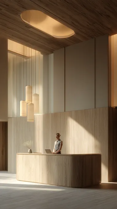 reception area designed to feel like a morning ritual, warm wood textures, gentle light through frosted glass, calming layout with low acoustics, minimal branding, comforting and familiar but fresh, muted colors, matte finishes one person standing at the reception counter, smiling softly, wearing neutral business attire camera: 28mm, aperture f2.8, soft shadows and golden undertones, warm ambient light, eye-level shot  --raw
