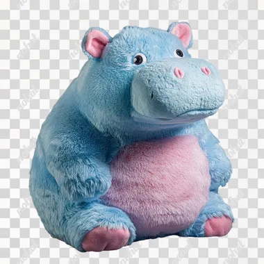 A plush toy hippopotamus splits its back, with a light blue body covered in fur, a pink belly, and a whole body made of plush material, resembling a plush toy