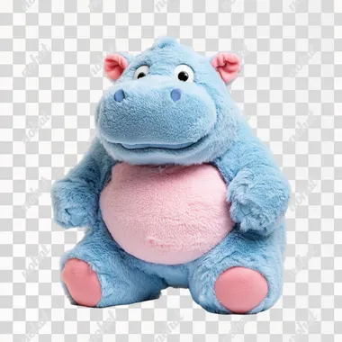 A plush toy hippopotamus splits its back, with a light blue body covered in fur, a pink belly, and a whole body made of plush material, resembling a plush toy