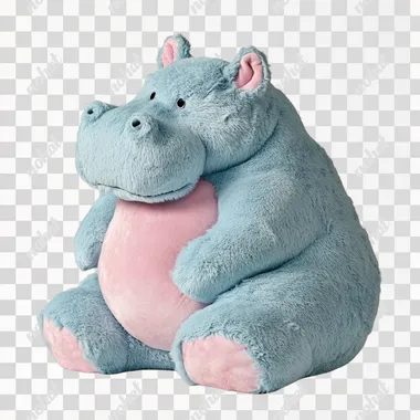 A plush toy hippopotamus splits its back, with a light blue body covered in fur, a pink belly, and a whole body made of plush material, resembling a plush toy