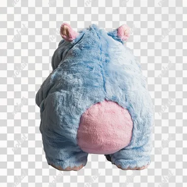 A plush toy hippopotamus splits its back, with a light blue body covered in fur, a pink belly, and a whole body made of plush material, resembling a plush toy