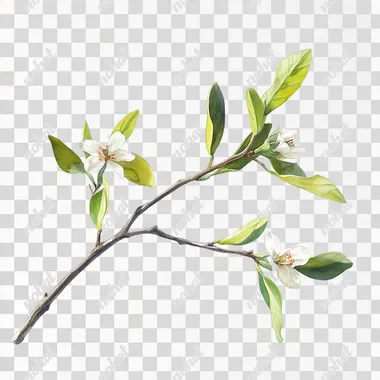 macro painting of small orangetree twig with leaves and flowers, no fruits, in style of a still life, with white background, no shadow