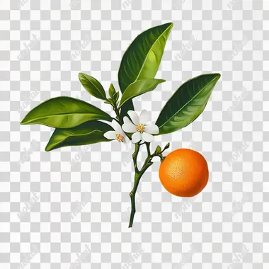macro painting of small orangetree twig with leaves and flowers, no fruits, in style of a still life, with white background, no shadow