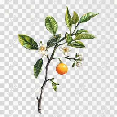 macro painting of small orangetree twig with leaves and flowers, no fruits, in style of a still life, with white background, no shadow