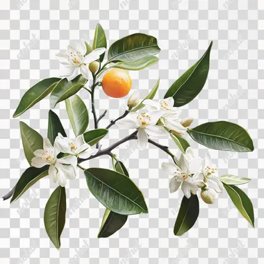 macro painting of small orangetree twig with leaves and flowers, no fruits, in style of a still life, with white background, no shadow