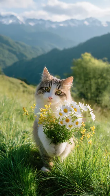 A cute chubby furry cat holds a bouquet of white daisies and small yellow wildflowers, holds the flowers towards the camera, and stands on lush green grass. The chubby cat smiles at the camera. The composition is focused on the lower third of the picture, with rolling emerald green hills extending to snow-capped mountains in the distance, under a cloud-dappled blue sky, bathed in golden morning light, fresh, soft focus and airy atmosphere.    xsjswqa