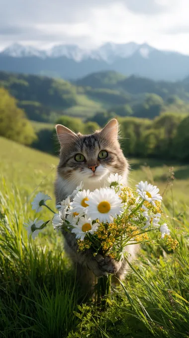 A cute chubby furry cat holds a bouquet of white daisies and small yellow wildflowers, holds the flowers towards the camera, and stands on lush green grass. The chubby cat smiles at the camera. The composition is focused on the lower third of the picture, with rolling emerald green hills extending to snow-capped mountains in the distance, under a cloud-dappled blue sky, bathed in golden morning light, fresh, soft focus and airy atmosphere.    xsjswqa