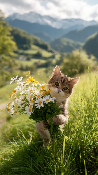A cute chubby furry cat holds a bouquet of white daisies and small yellow wildflowers, holds the flowers towards the camera, and stands on lush green grass. The chubby cat smiles at the camera. The composition is focused on the lower third of the picture, with rolling emerald green hills extending to snow-capped mountains in the distance, under a cloud-dappled blue sky, bathed in golden morning light, fresh, soft focus and airy atmosphere.    xsjswqa