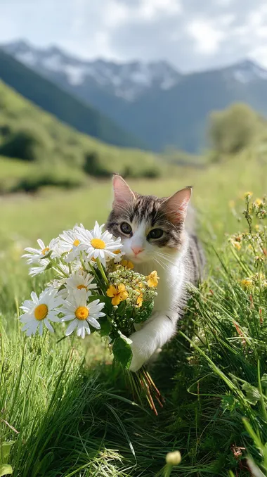 A cute chubby furry cat holds a bouquet of white daisies and small yellow wildflowers, holds the flowers towards the camera, and stands on lush green grass. The chubby cat smiles at the camera. The composition is focused on the lower third of the picture, with rolling emerald green hills extending to snow-capped mountains in the distance, under a cloud-dappled blue sky, bathed in golden morning light, fresh, soft focus and airy atmosphere.    xsjswqa