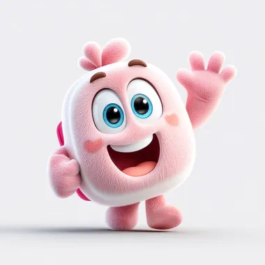cute 3D pink character in Disney animation style, big head, expressive face, waving hand, soft lighting, white background, centered   7cur1in --s 250