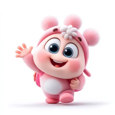 cute 3D pink character in Disney animation style, big head, expressive face, waving hand, soft lighting, white background, centered   7cur1in --s 250