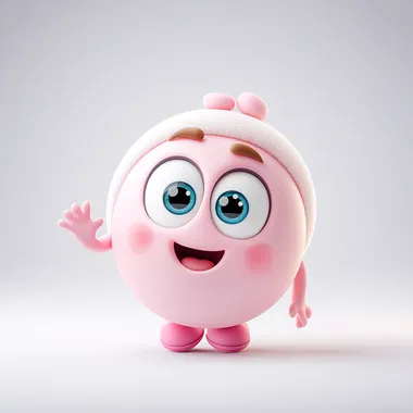 cute 3D pink character in Disney animation style, big head, expressive face, waving hand, soft lighting, white background, centered   7cur1in --s 250