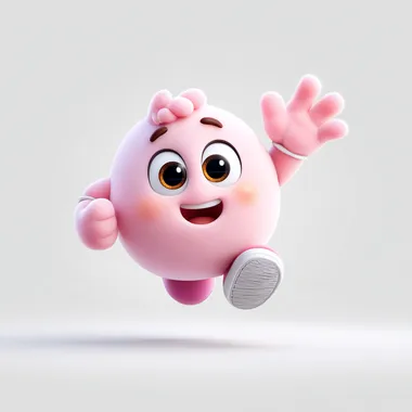 cute 3D pink character in Disney animation style, big head, expressive face, waving hand, soft lighting, white background, centered   7cur1in --s 250