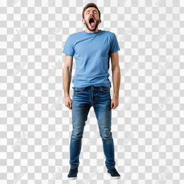 create a yawning man, full-length, wearing blue jeans and a blue T-shirt, white background