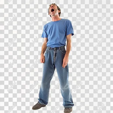 create a yawning man, full-length, wearing blue jeans and a blue T-shirt, white background
